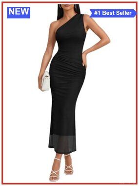 One Shoulder Maxi Bodycon Mesh Ruched Dress Side Slit Sleeveless